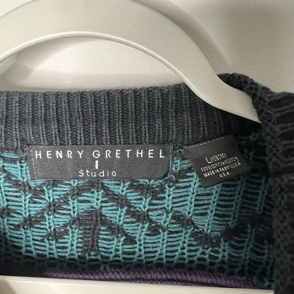 Henry Grethel Made‎ In USA Geometric Crewneck Sweater Large Grandpa 90s Vintage